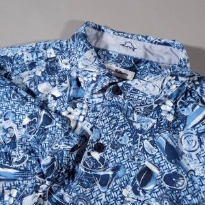 Tommy Bahama Button Down Shirt Mens Large Blue Silk Cocktail Tropical Print